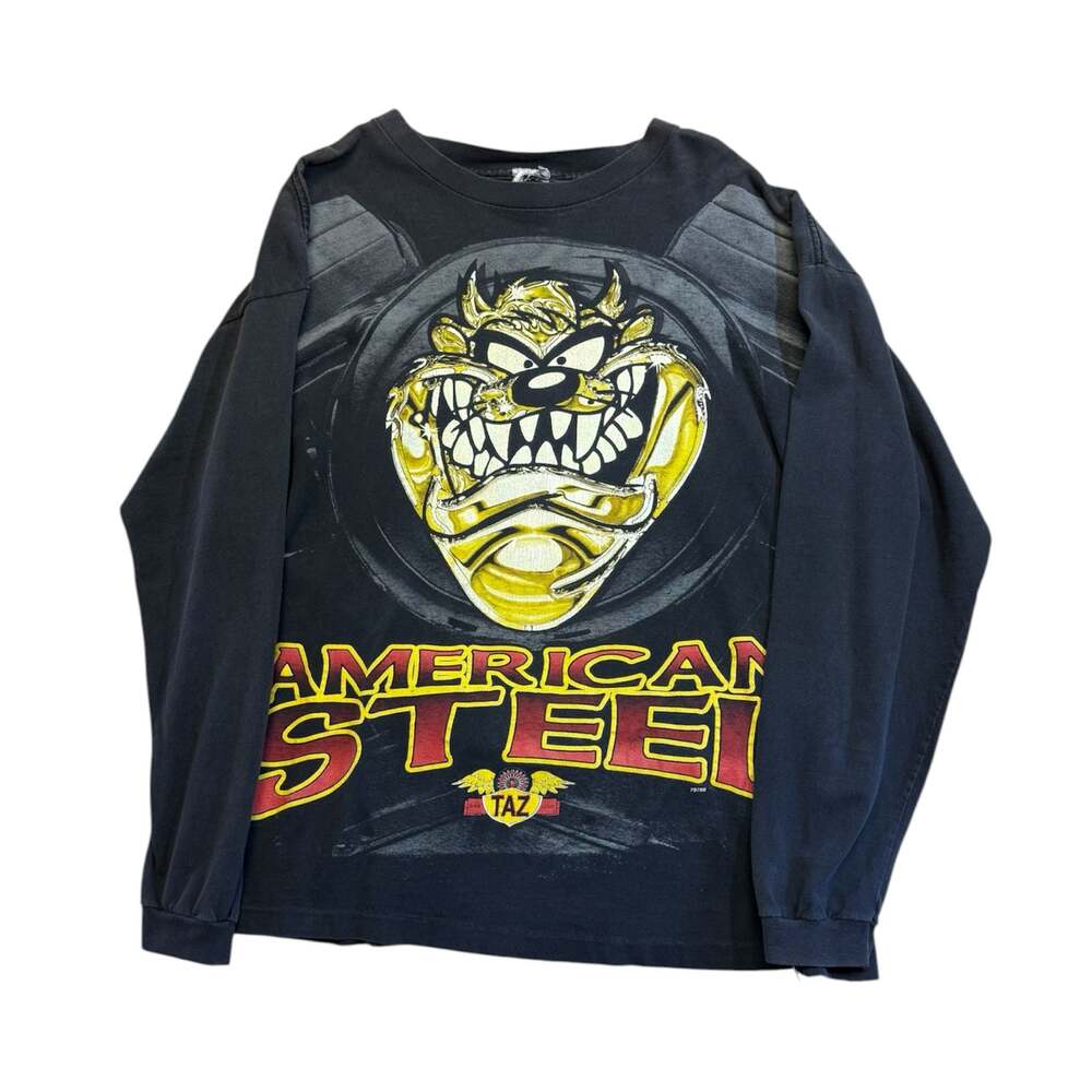 Vintage 1997 Looney Tunes Taz American Steel Long Sleeve Graphic T-Shirt